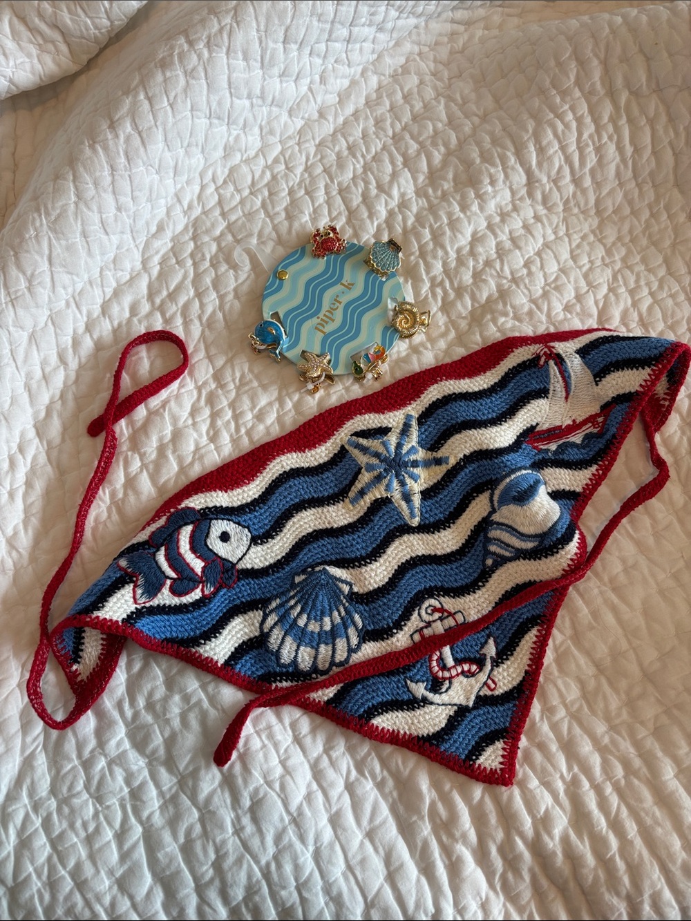 Nautical Knit Bandana Scarf in Red, Blue & White